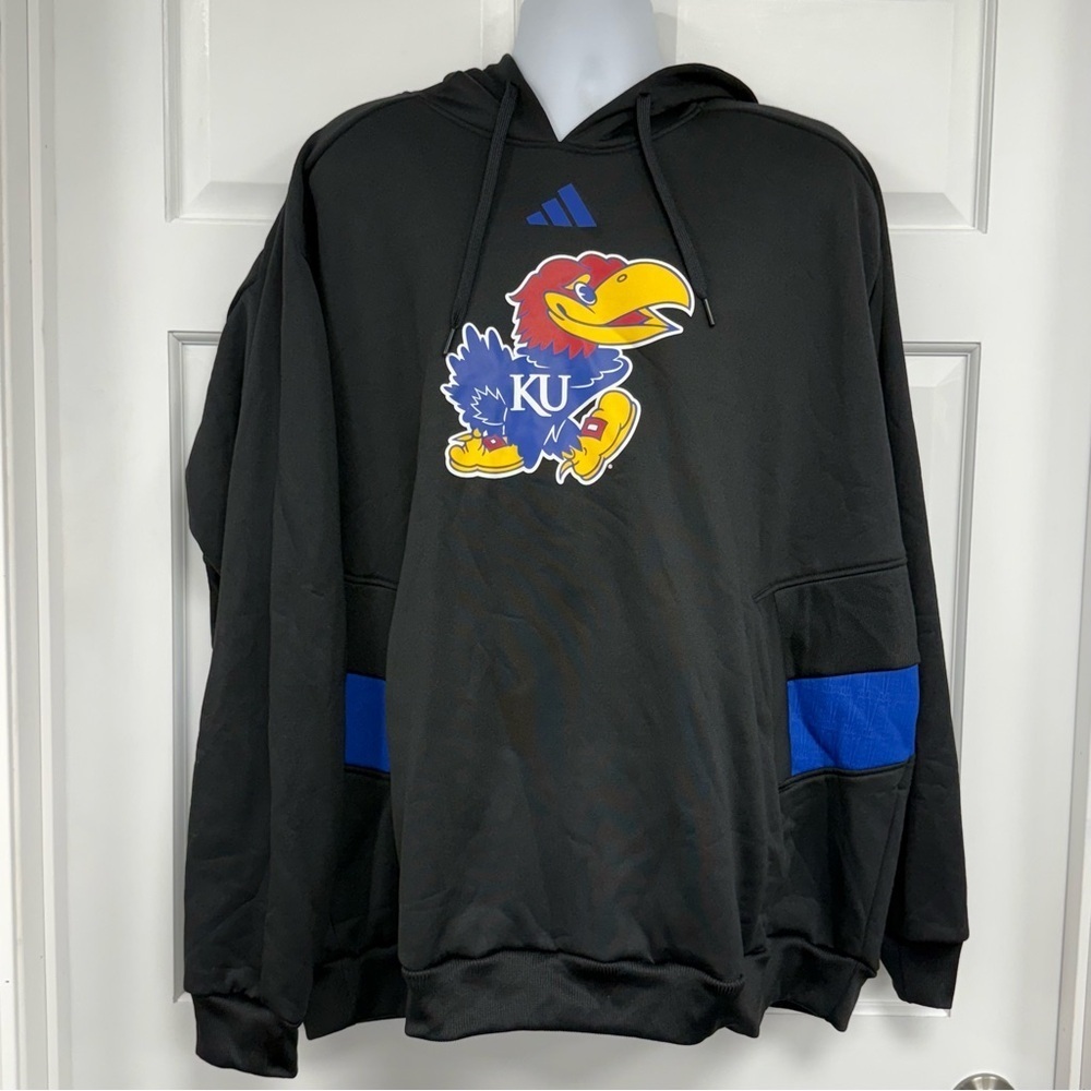 NWT Adidas Kansas Jayhawks Men’s Hoodie XL Black Logo Aeroready Poly Sweatshirt